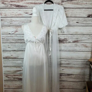 Vintage 2pc TOSCA LINGERIE Large White Nylon & Lace Bridal Boudoir Peignoir Set